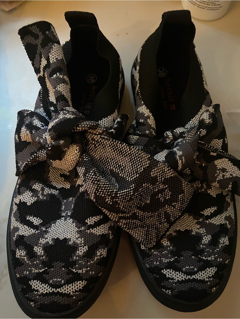 Knit Bow Slip-On Sneakers in Black and Gray - Women